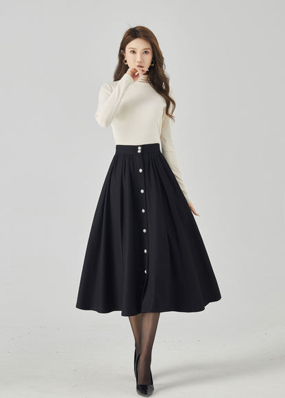 Black Wool Maxi Skirt - Button Front, Mid-Calf Length 4538