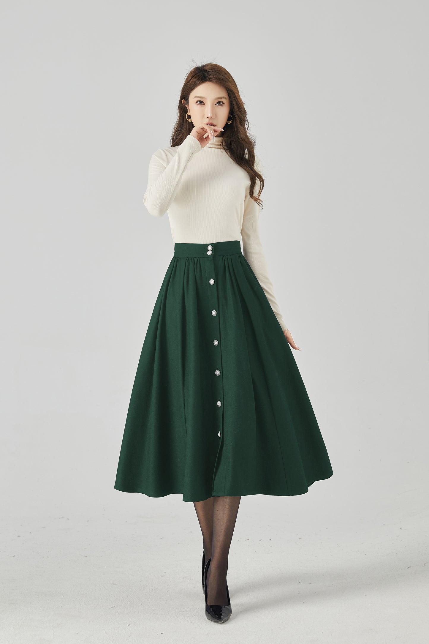 Dark Green Wool Maxi Skirt - Button Front, Flowing Silhouette 5440
