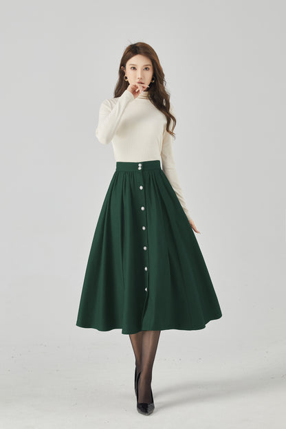 Dark Green Wool Maxi Skirt - Button Front, Flowing Silhouette 5440