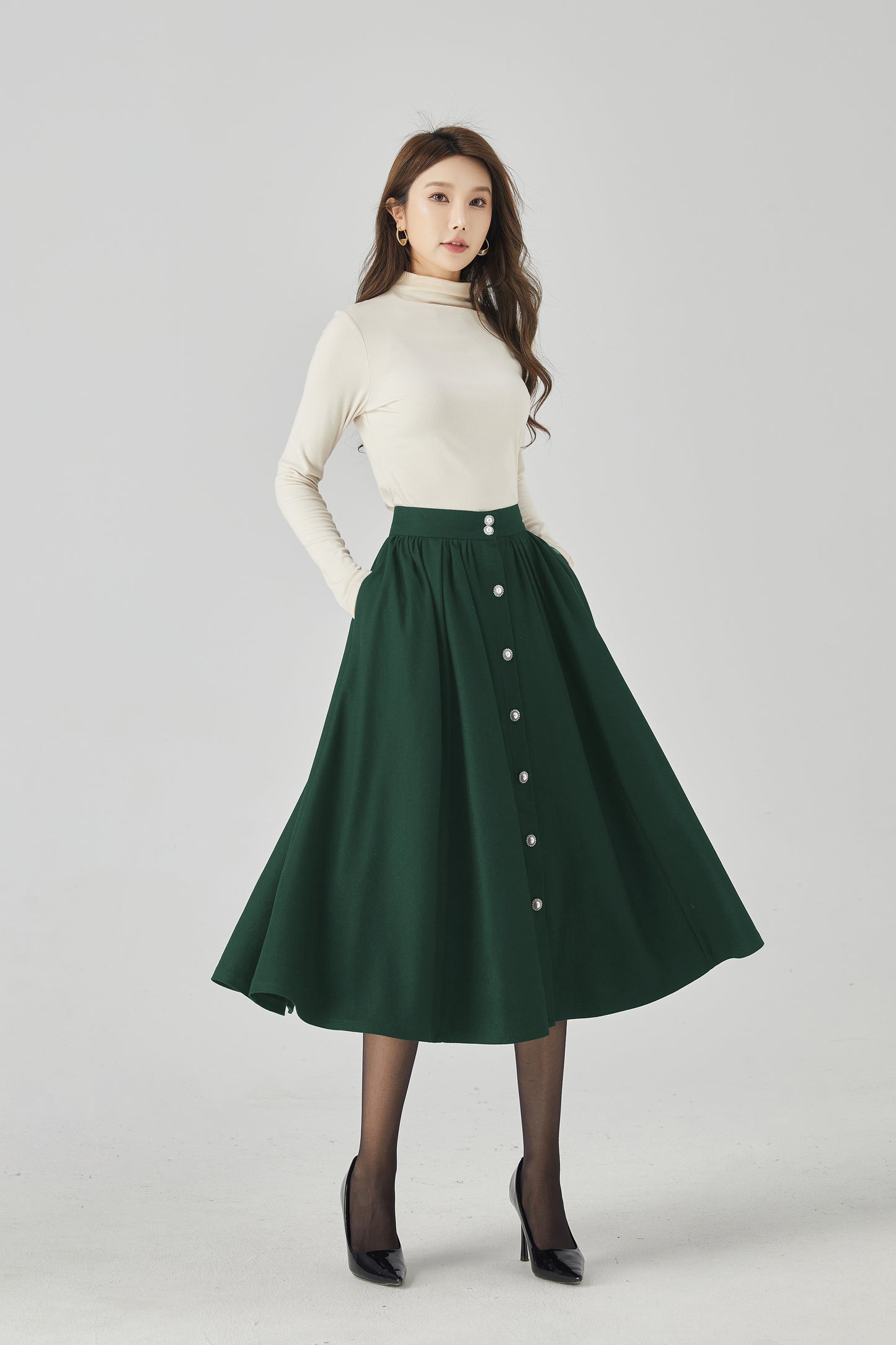 Dark Green Wool Maxi Skirt - Button Front, Flowing Silhouette 5440