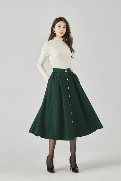 Dark Green Wool Maxi Skirt - Button Front, Flowing Silhouette 5440