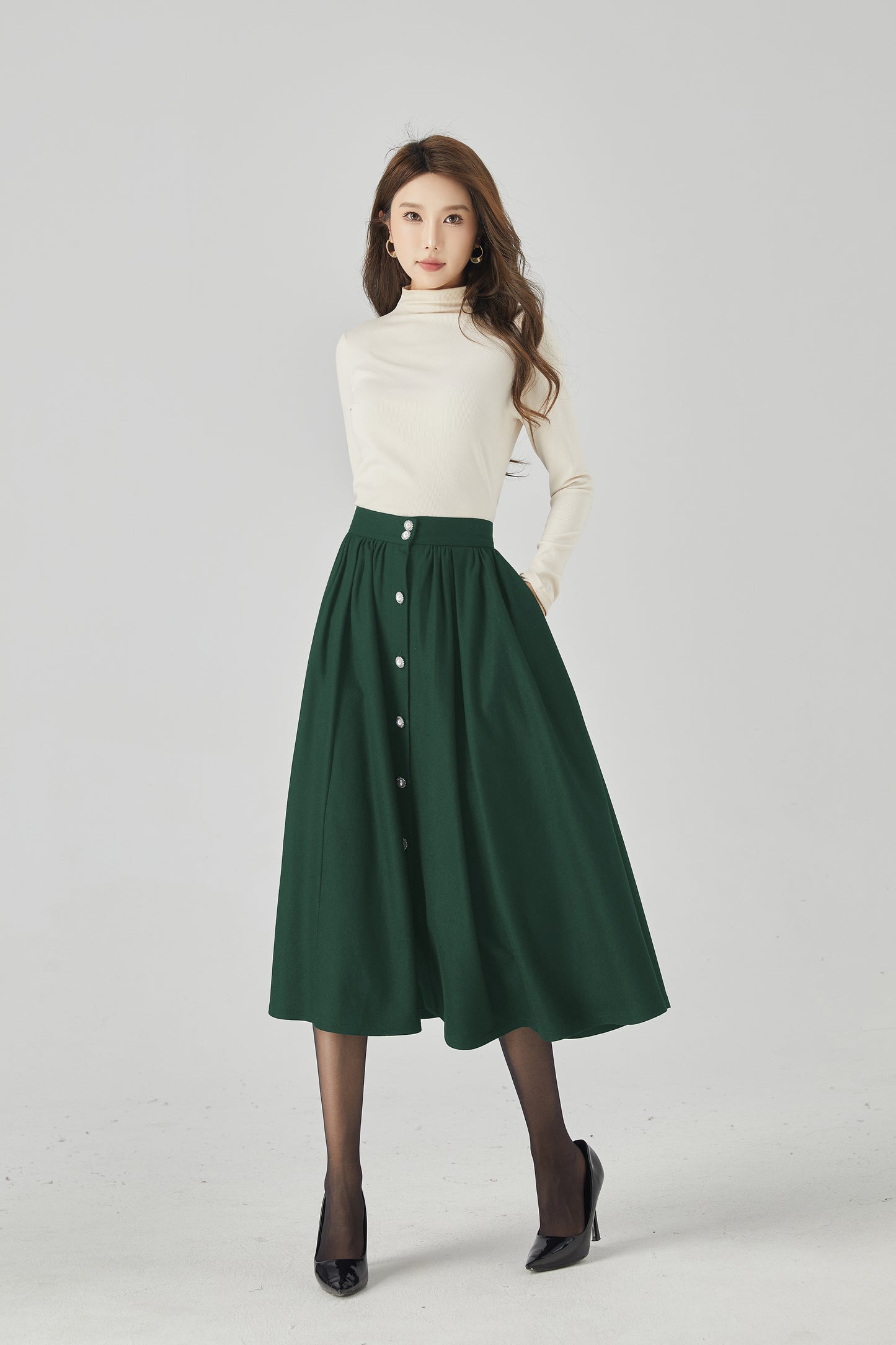 Dark Green Wool Maxi Skirt - Button Front, Flowing Silhouette 5440