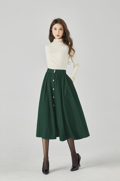 Dark Green Wool Maxi Skirt - Button Front, Flowing Silhouette 5440