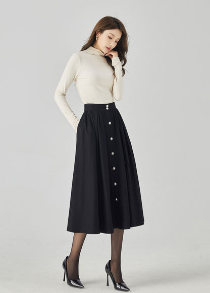 Black Wool Maxi Skirt - Button Front, Mid-Calf Length 4538