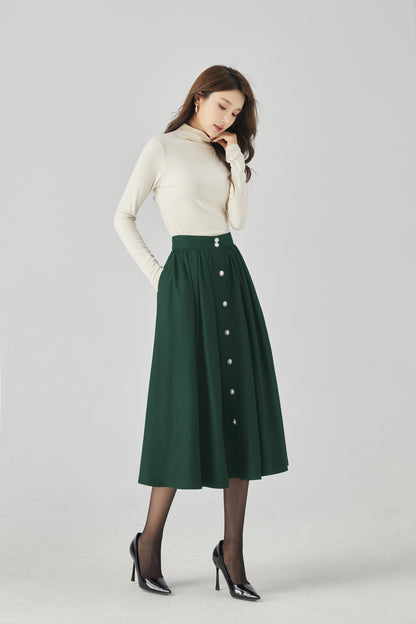 Dark Green Wool Maxi Skirt - Button Front, Flowing Silhouette 5440