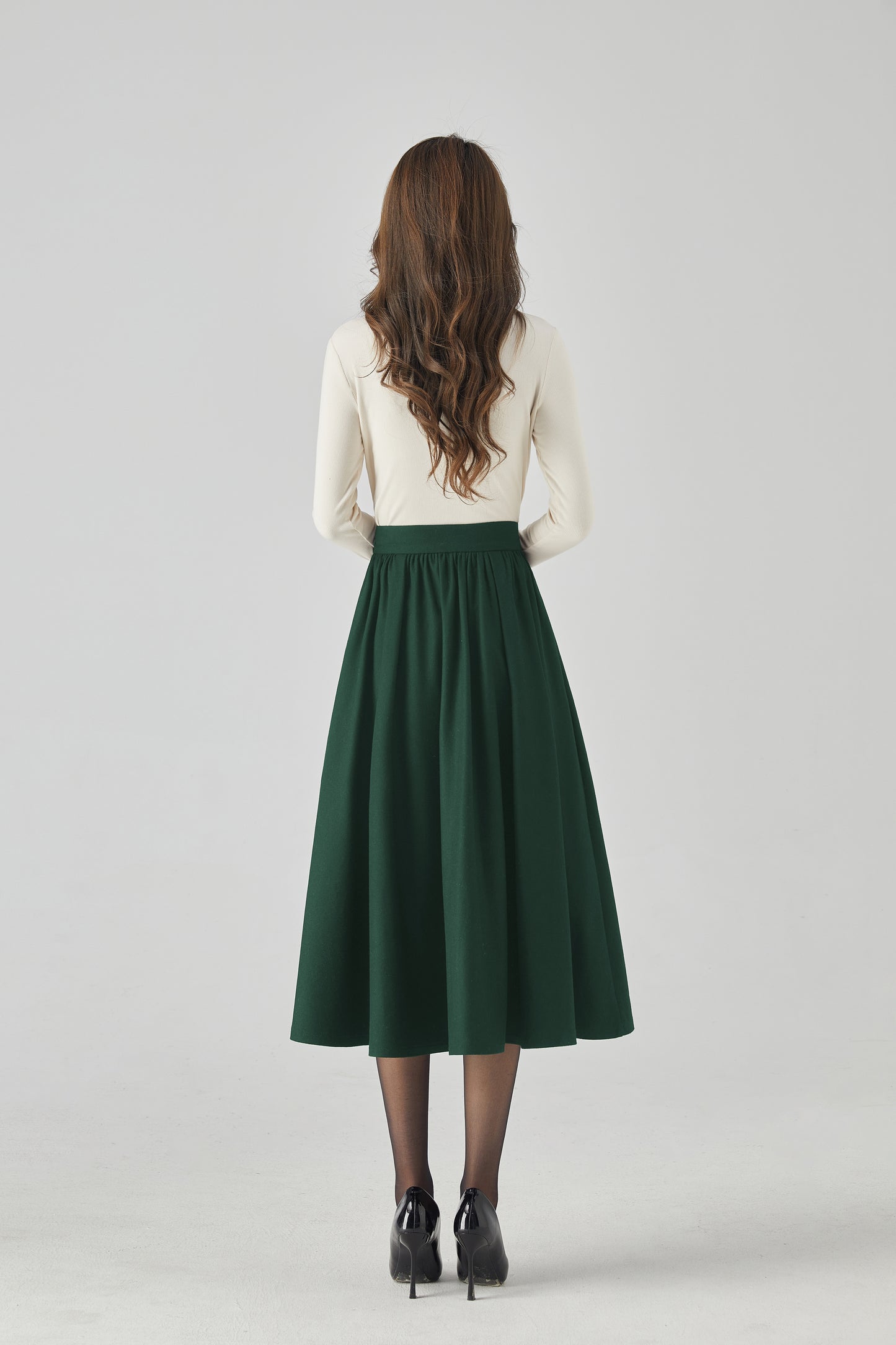 Dark Green Wool Maxi Skirt - Button Front, Flowing Silhouette 5440