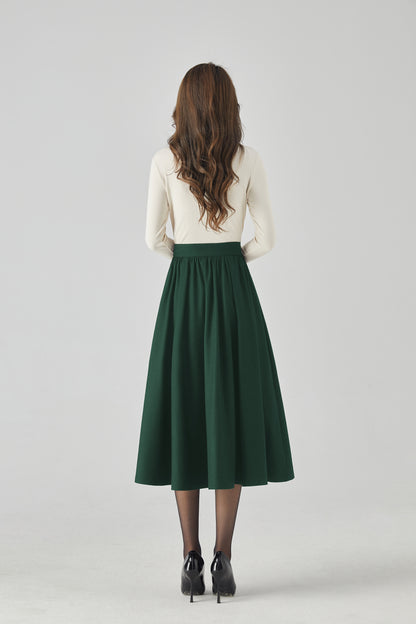 Dark Green Wool Maxi Skirt - Button Front, Flowing Silhouette 5440