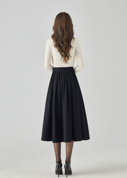 Black Wool Maxi Skirt - Button Front, Mid-Calf Length 4538