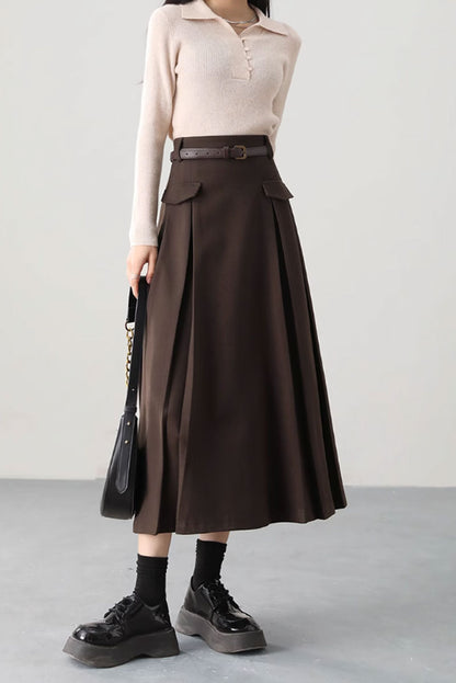 Brown Wool Blend Midi Skirt - A-Line Sophistication 4758