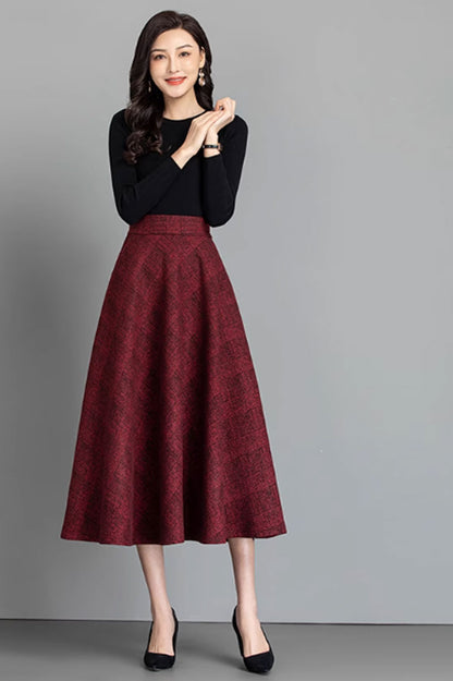 Burgundy Wool Midi Skirt - Vintage A-Line Silhouette 4641-3