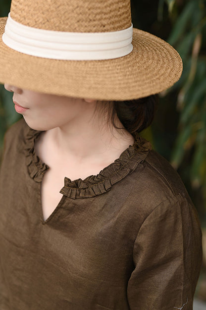 Brown Linen Maxi Dress - Ruffle V-Neck with Elbow Sleeves 4320