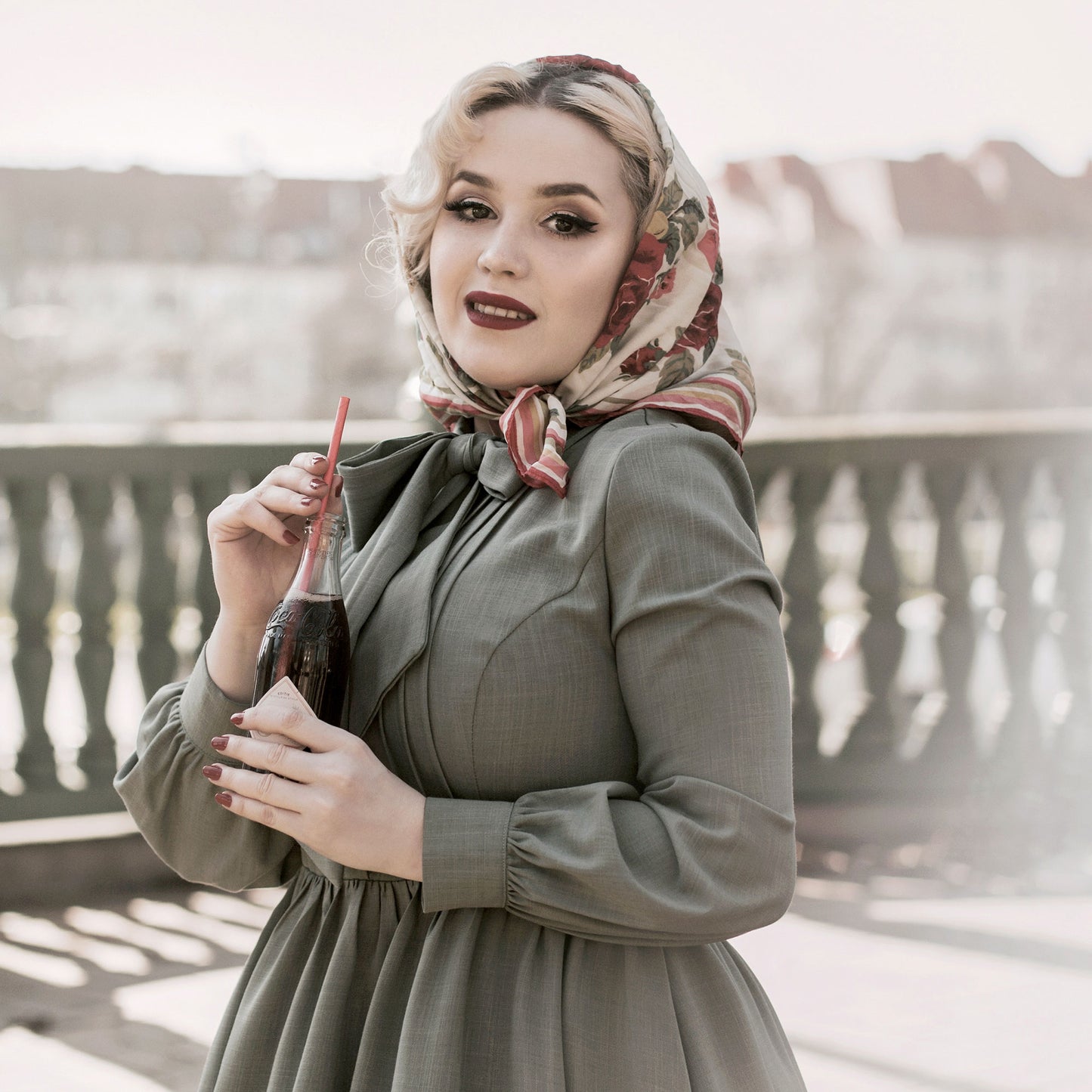 Medieval Style Linen Cotton Dress with Lantern Sleeves in Soft Taupe 2750