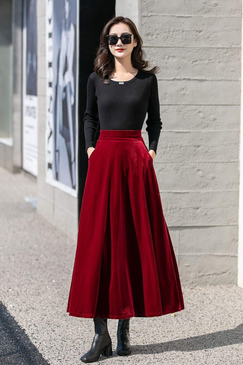 Purple Velvet Maxi Skirt with High Waist and Flowing Full