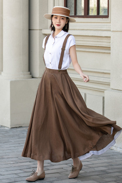 Maxi brown suspender linen skirt women 4892