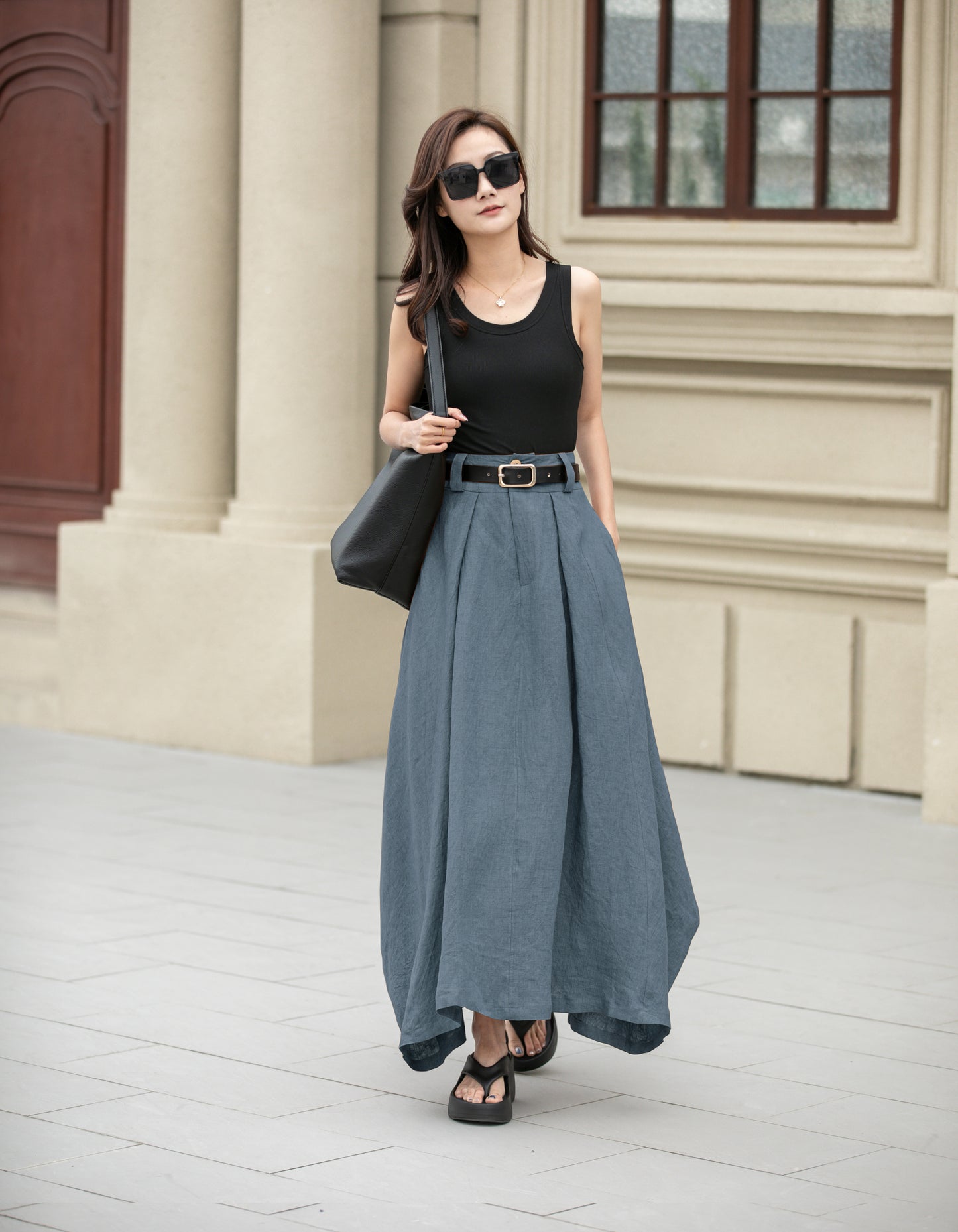 Blue Linen Skirt – Handmade High Waist Long Summer Skirt | Xiaolizi 6702