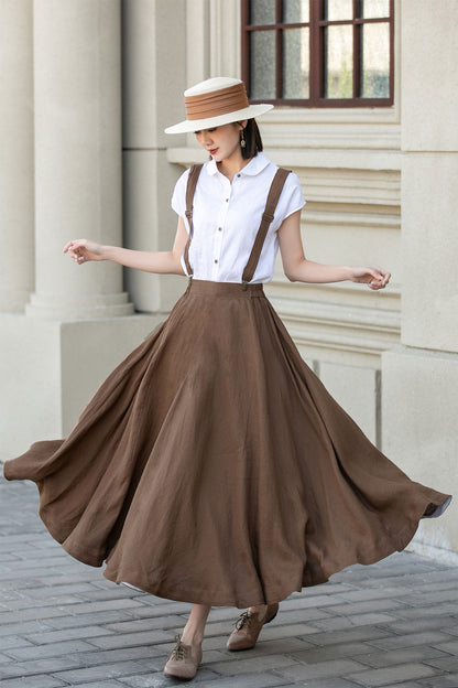 Maxi brown suspender linen skirt women 4892