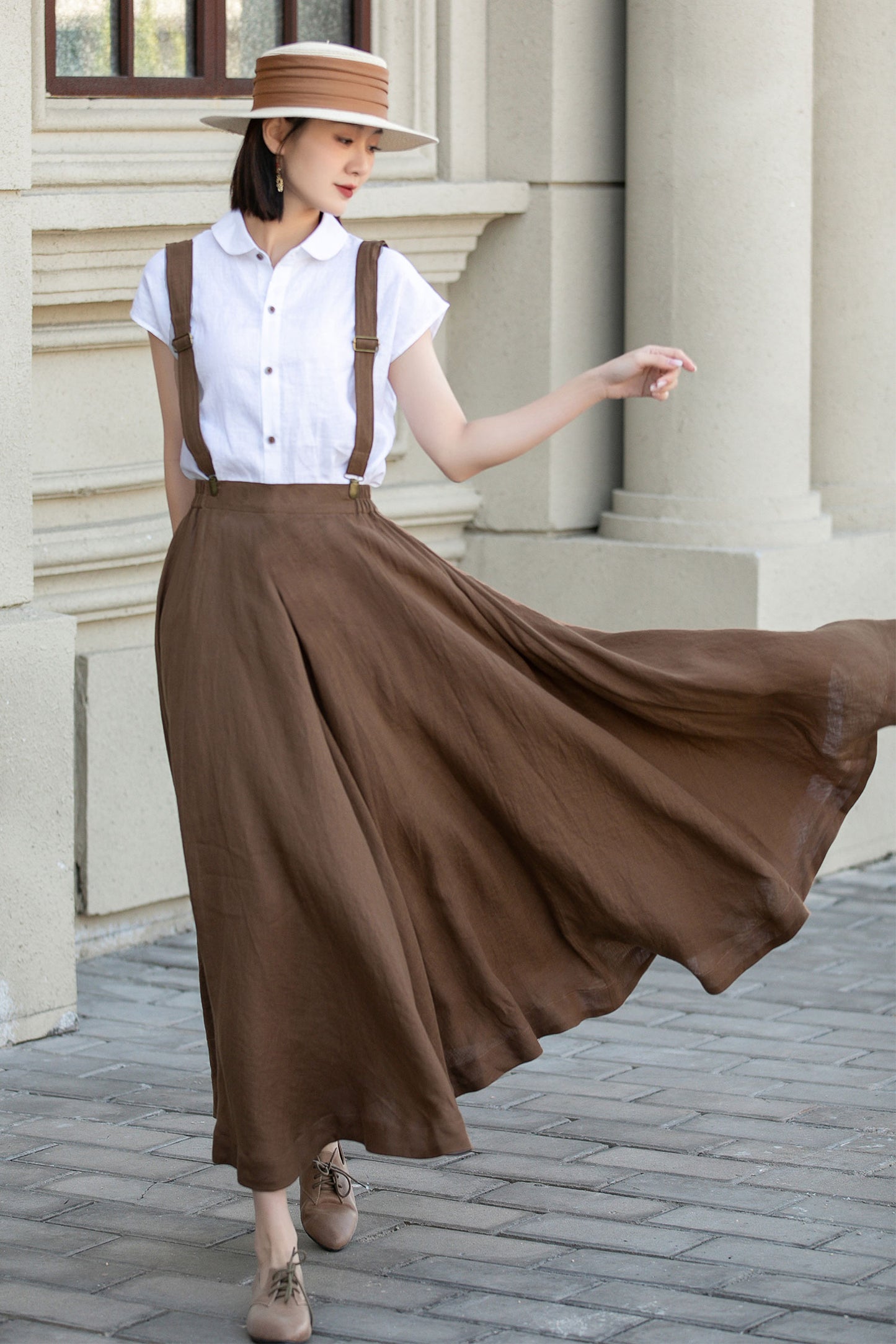 Maxi brown suspender linen skirt women 4892