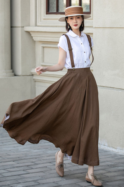 Maxi brown suspender linen skirt women 4892
