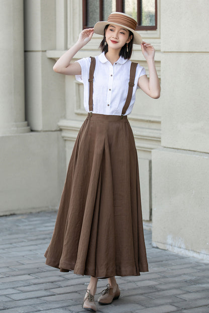 Maxi brown suspender linen skirt women 4892