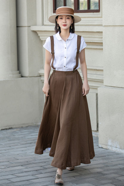 Maxi brown suspender linen skirt women 4892