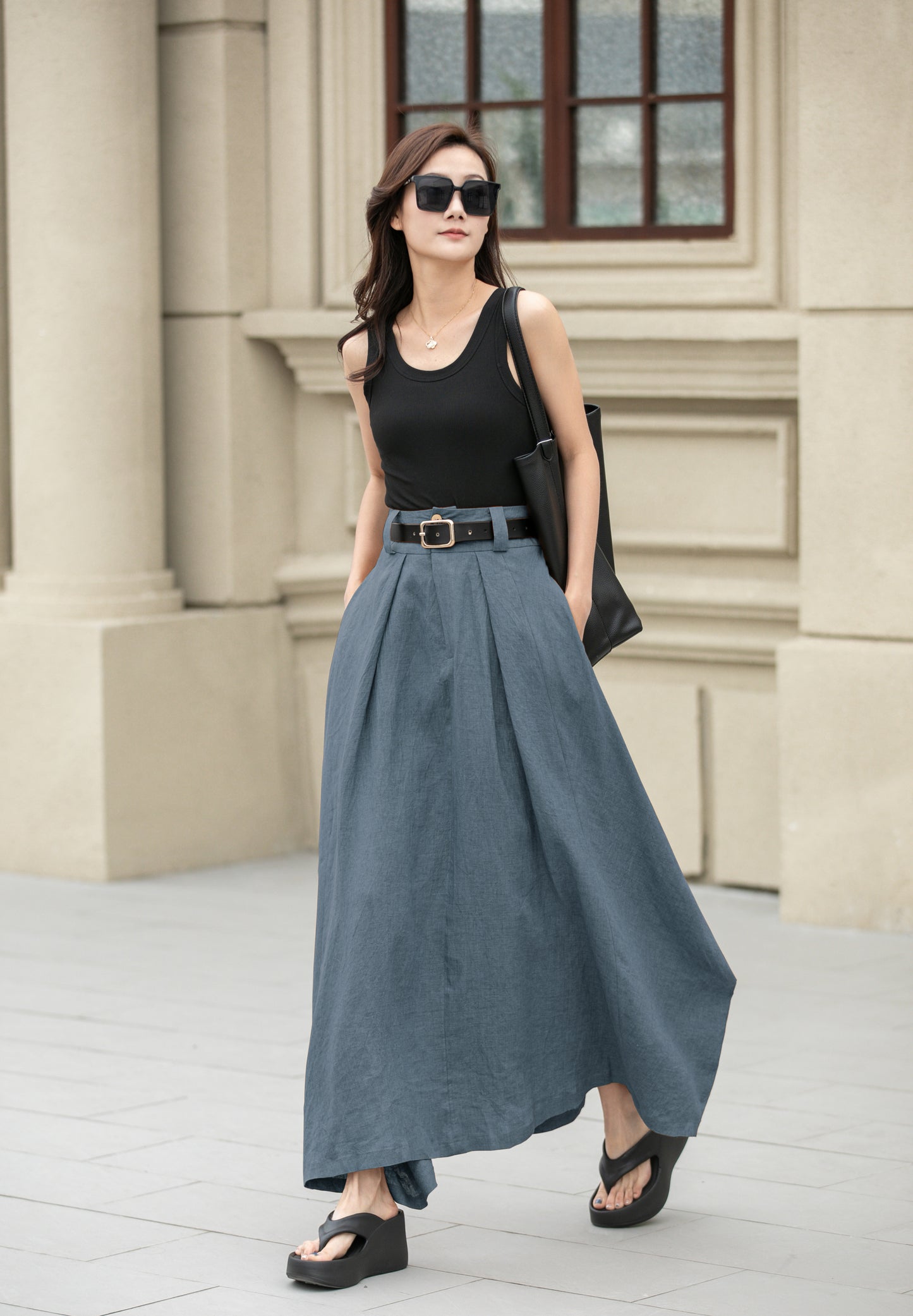 Blue Linen Skirt – Handmade High Waist Long Summer Skirt | Xiaolizi 6702