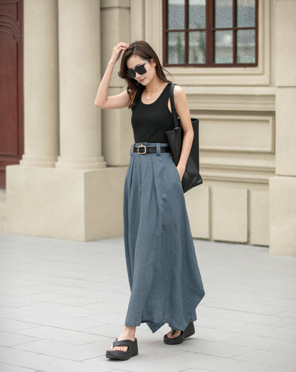 Blue Linen Skirt – Handmade High Waist Long Summer Skirt | Xiaolizi 6702