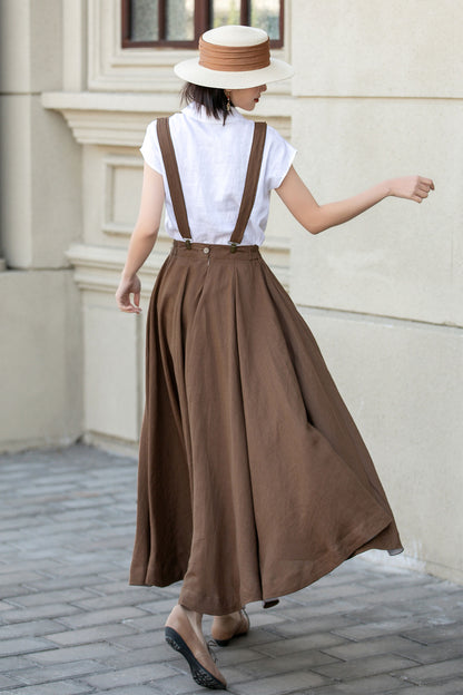Maxi brown suspender linen skirt women 4892