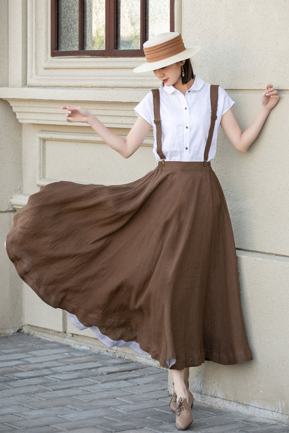Maxi brown suspender linen skirt women 4892