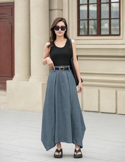 Blue Linen Skirt – Handmade High Waist Long Summer Skirt | Xiaolizi 6702