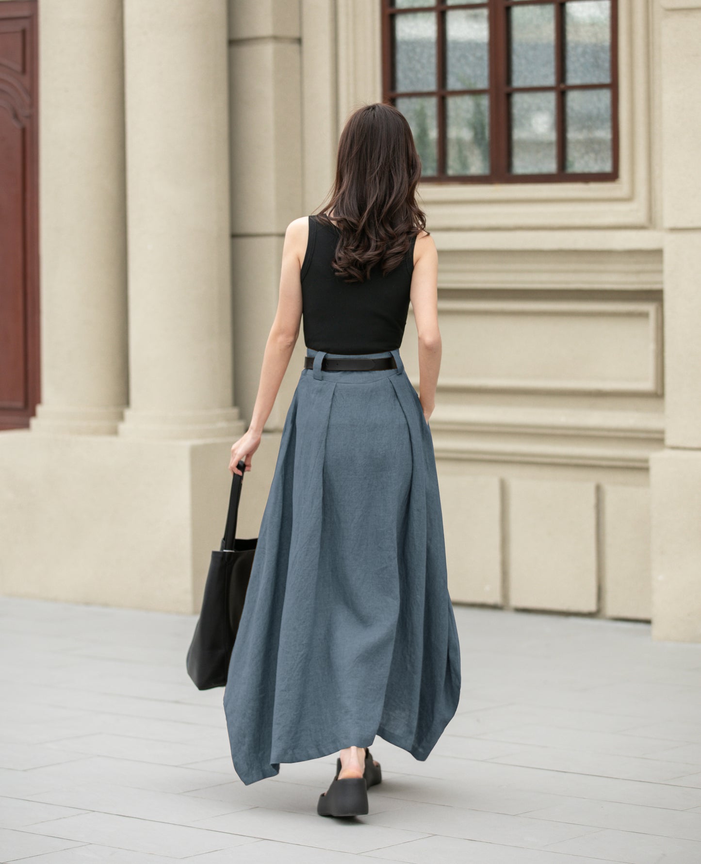 Blue Linen Skirt – Handmade High Waist Long Summer Skirt | Xiaolizi 6702
