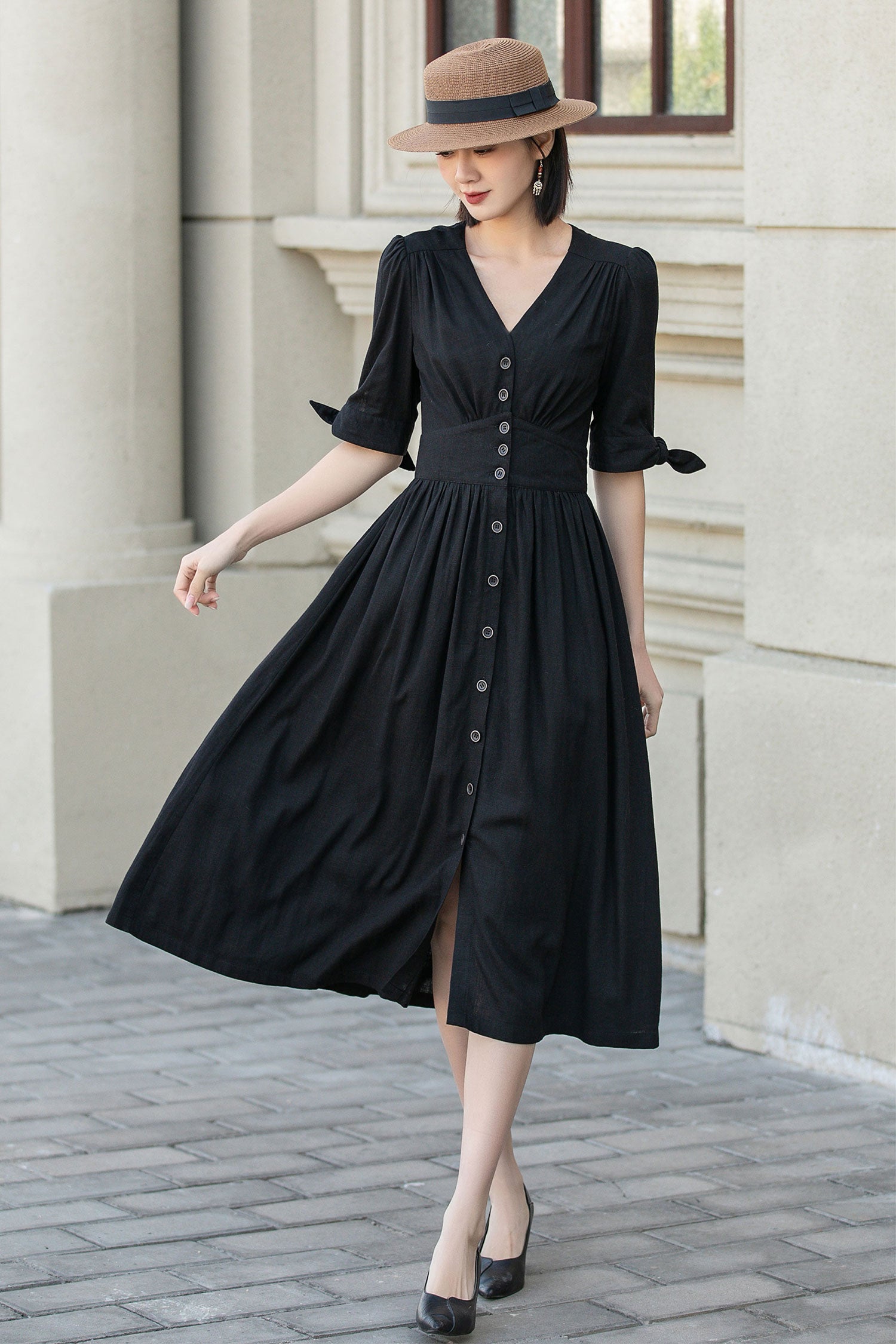 Black Linen Midi Dress - V-Neck, Button-Front, Waist-Cinching 4893