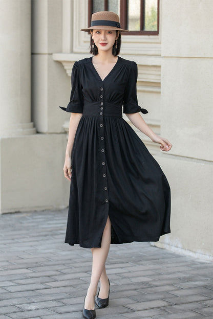 Black Linen Midi Dress - V-Neck, Button-Front, Waist-Cinching 4893
