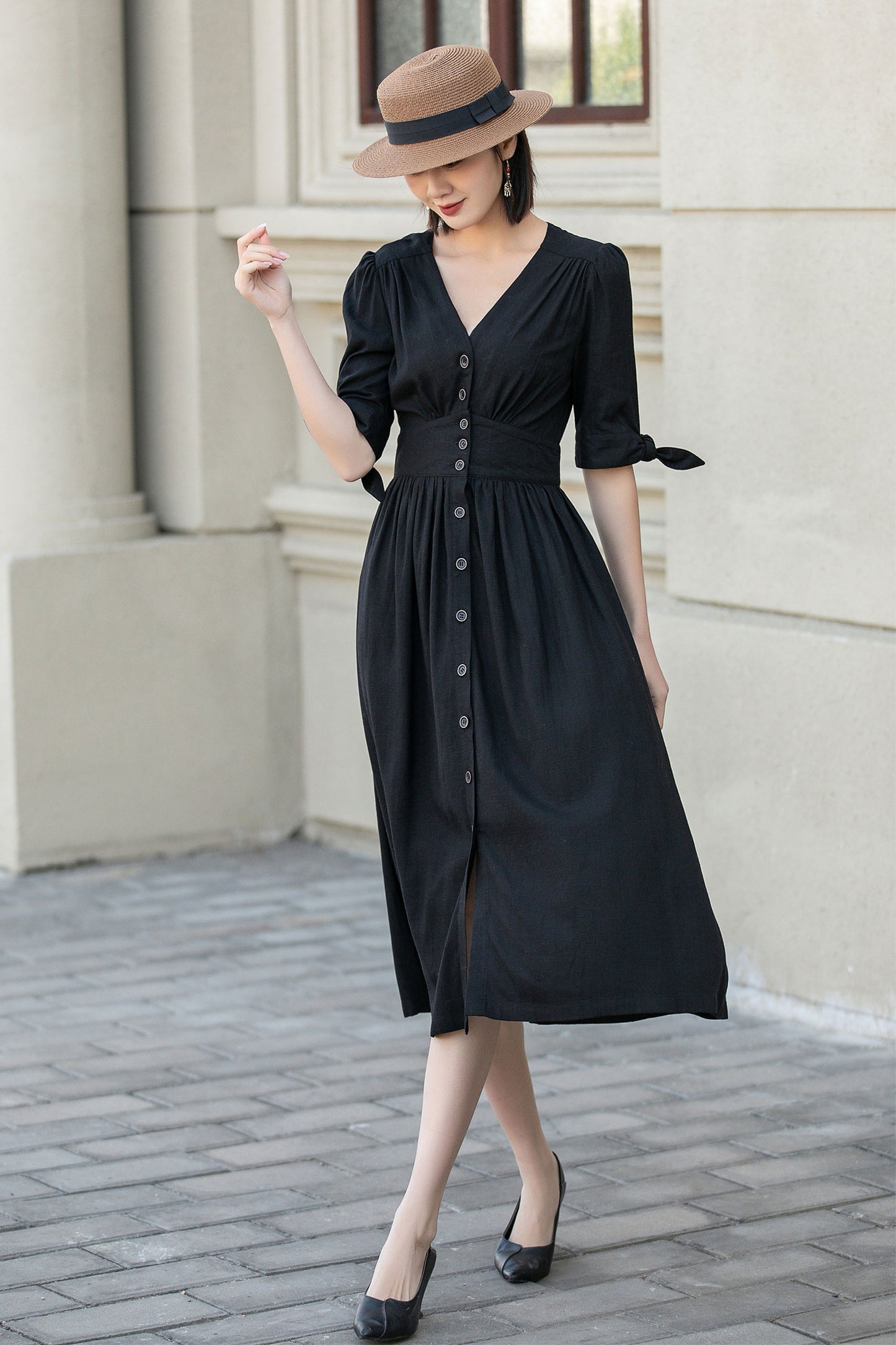 Black summer midi linen dress women 4893