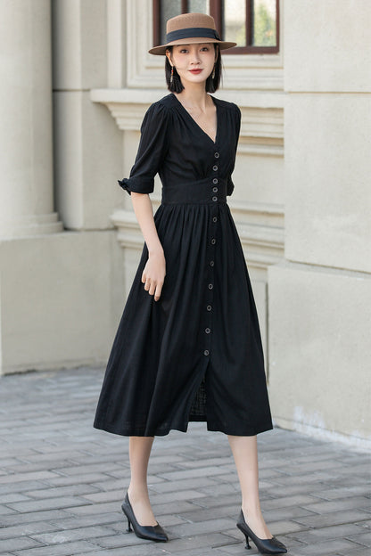 Black Linen Midi Dress - V-Neck, Button-Front, Waist-Cinching 4893