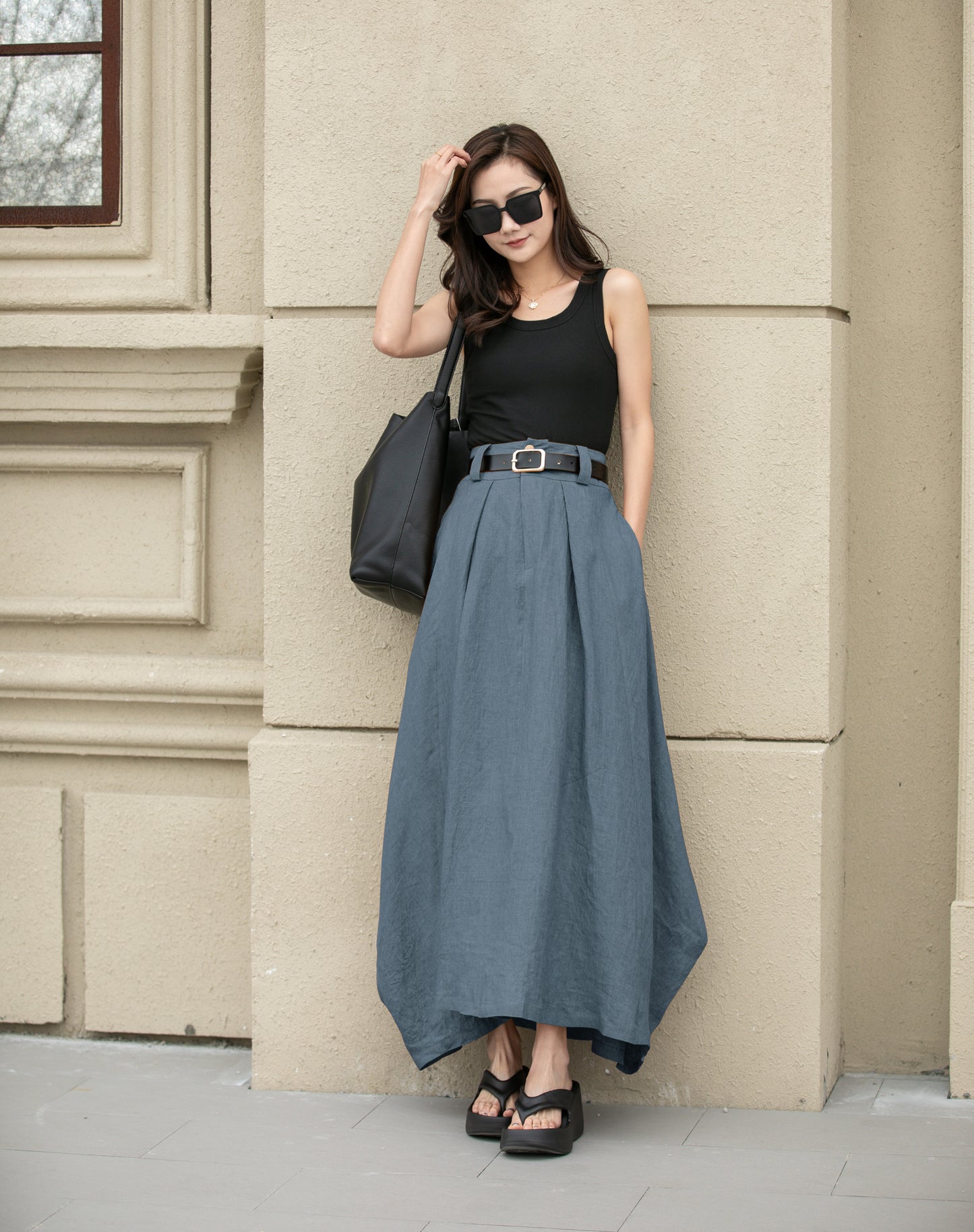 Blue Linen Skirt – Handmade High Waist Long Summer Skirt | Xiaolizi 6702