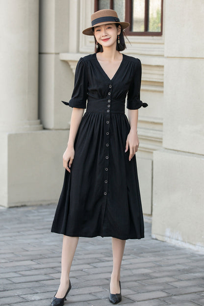 Black Linen Midi Dress - V-Neck, Button-Front, Waist-Cinching 4893