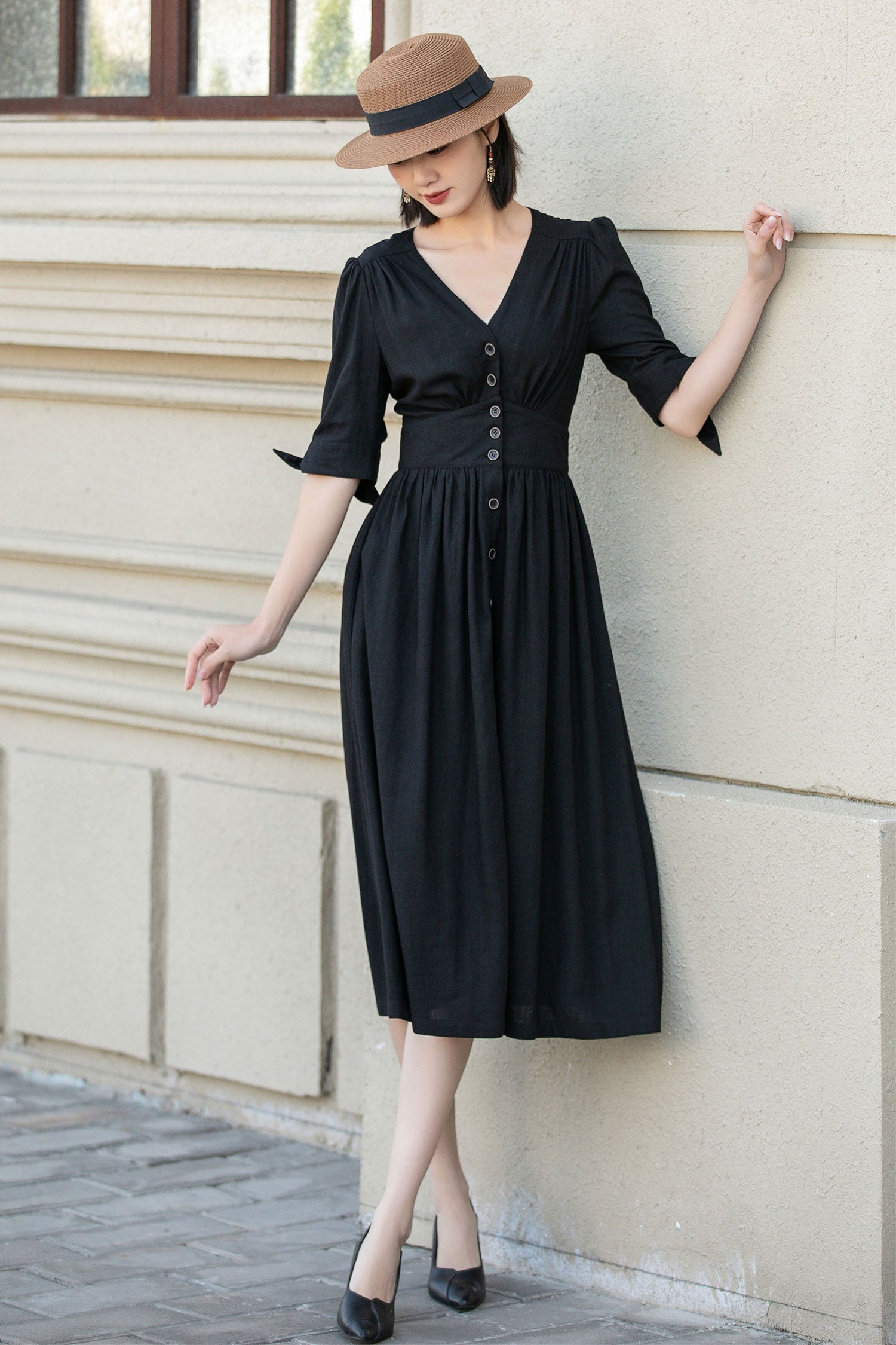Black Linen Midi Dress with V-Neck and Button Front