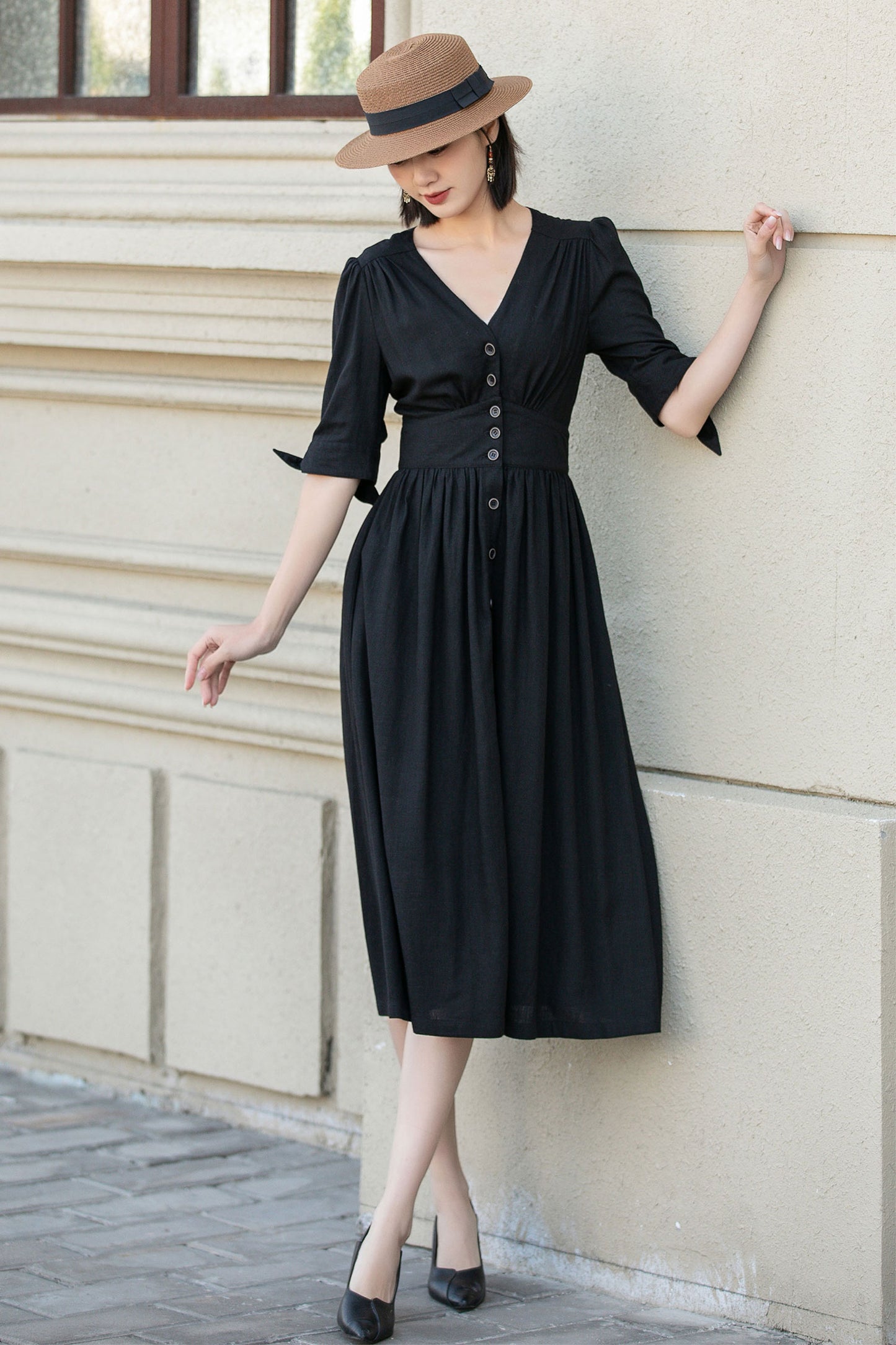 Black summer midi linen dress women 4893