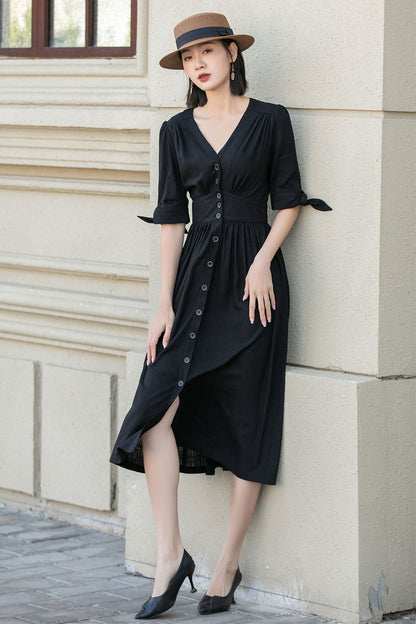 Black Linen Midi Dress - V-Neck, Button-Front, Waist-Cinching 4893