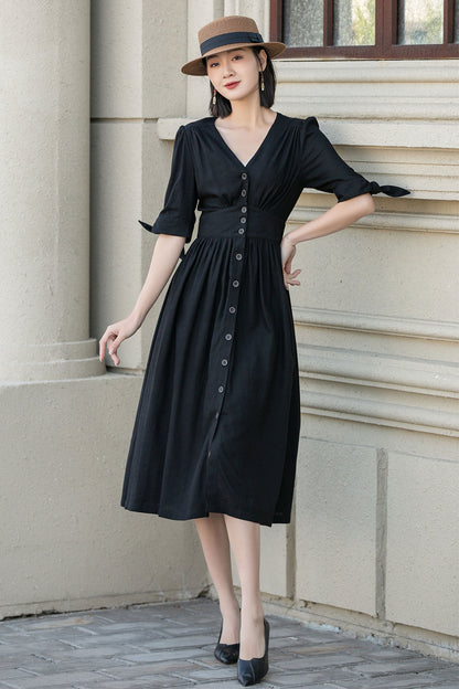 Black Linen Midi Dress - V-Neck, Button-Front, Waist-Cinching 4893