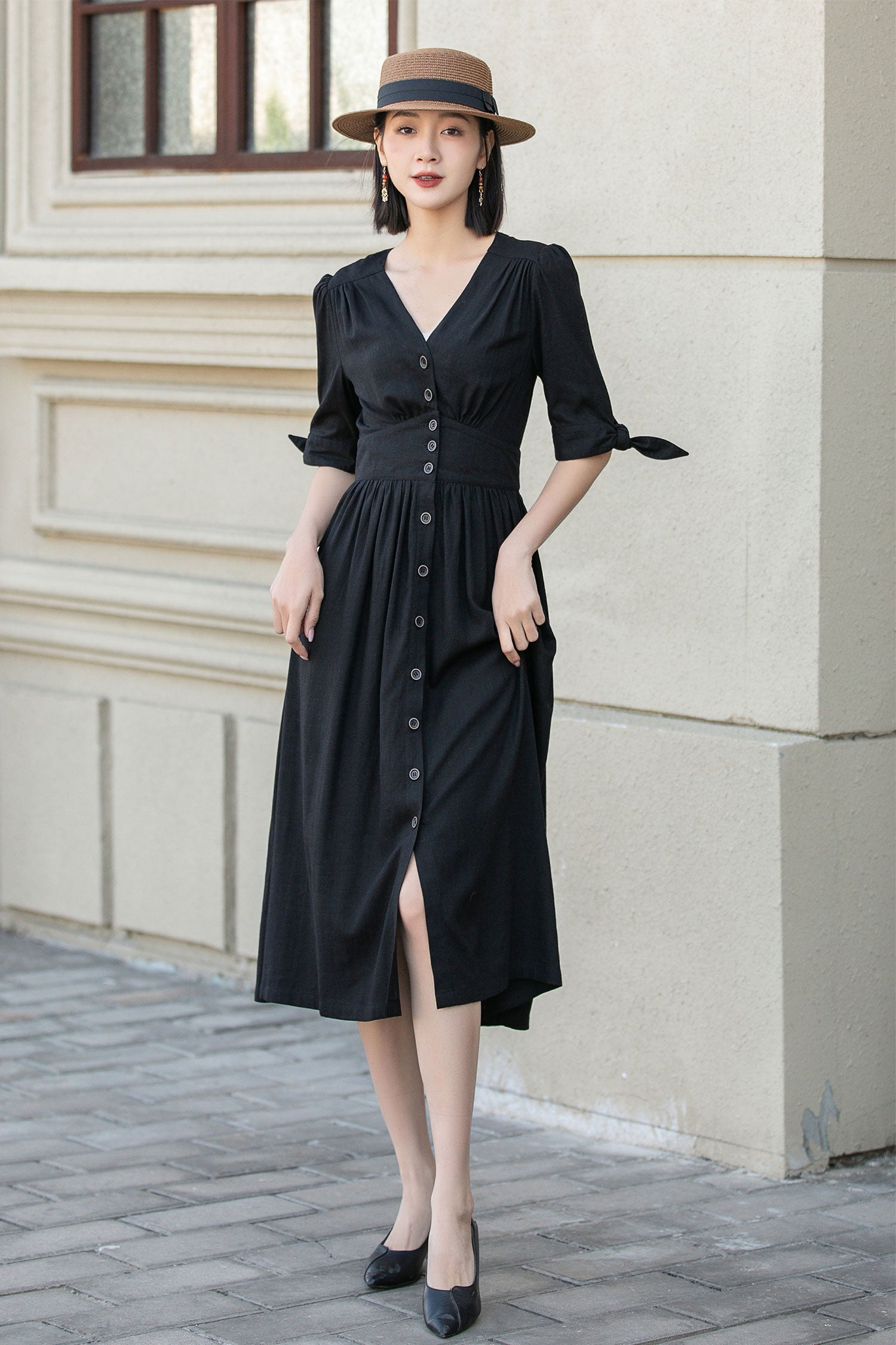 Black Linen Midi Dress with V-Neck and Button Front