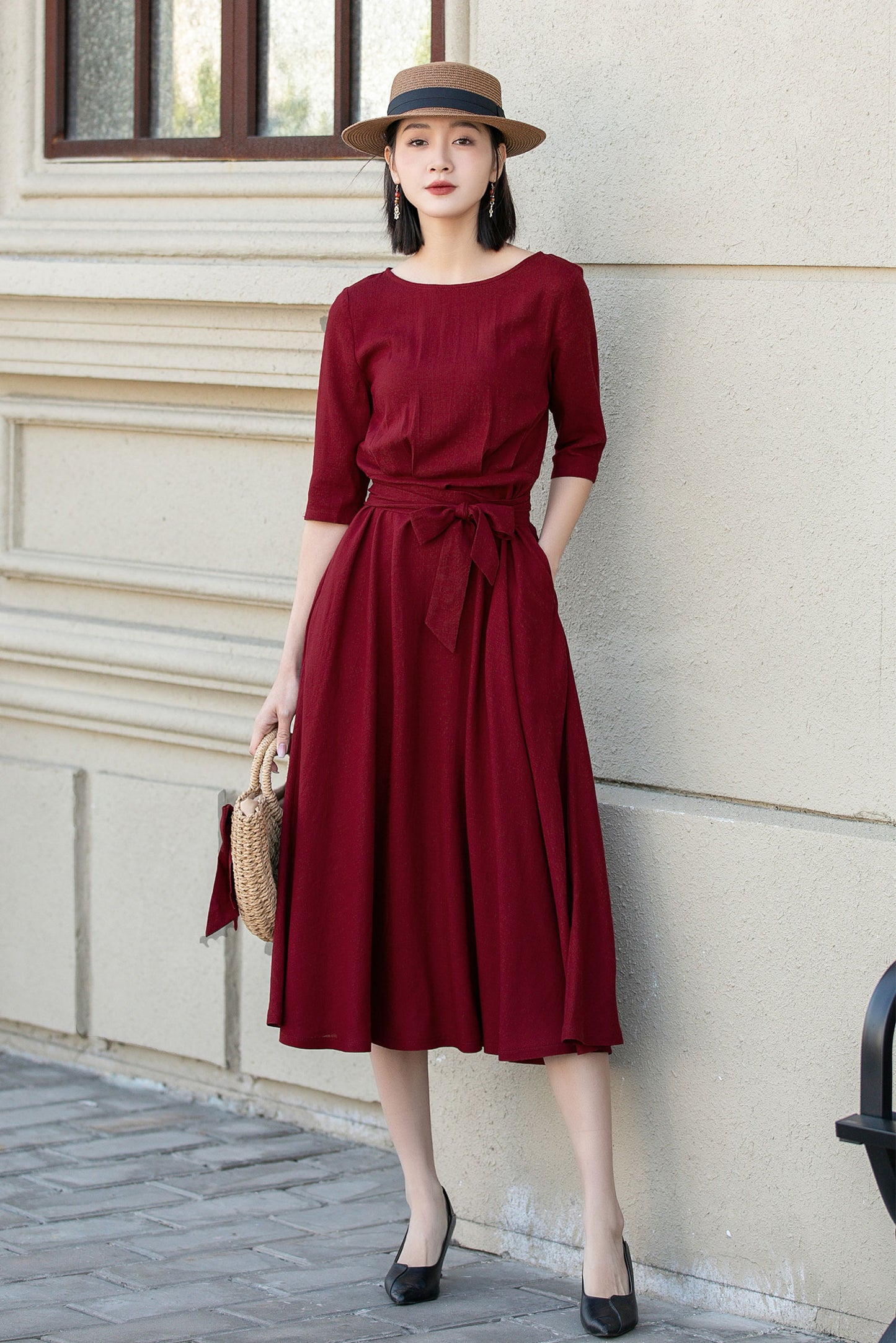 Womens red linen midi summer dress 4894