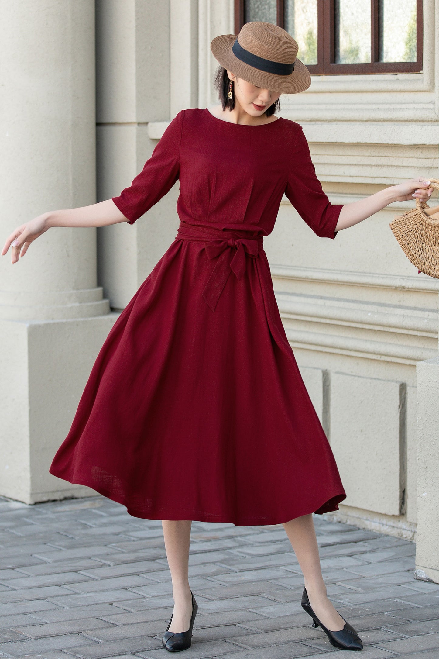 Womens red linen midi summer dress 4894 Womens red linen midi summer dress 4894