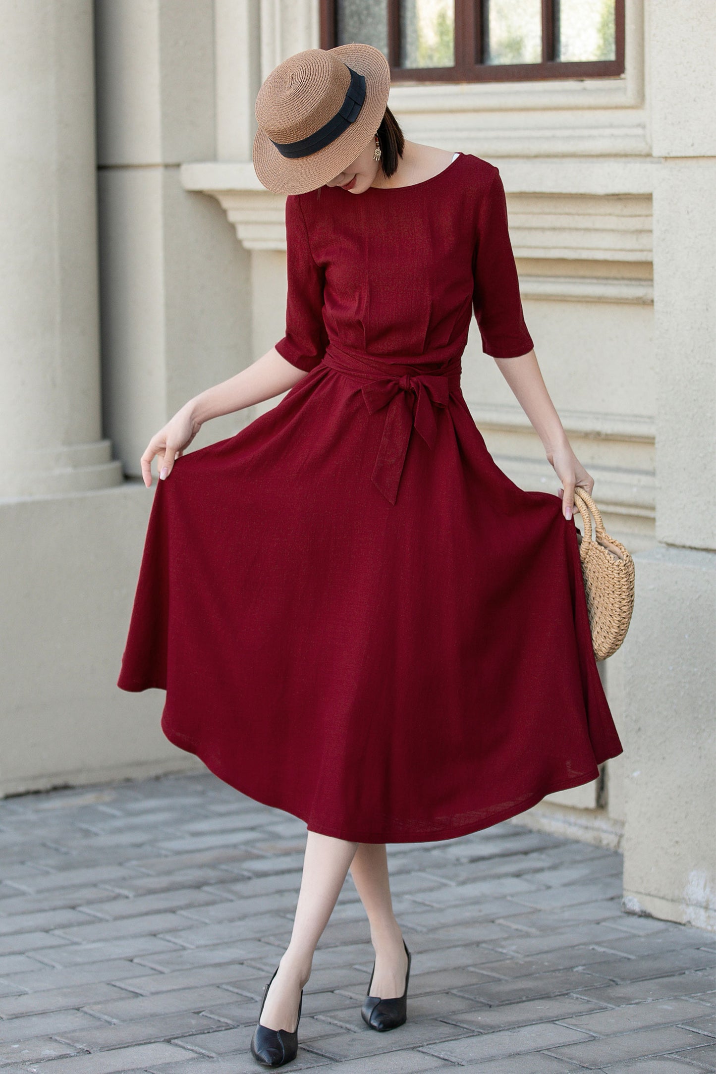 Womens red linen midi summer dress 4894