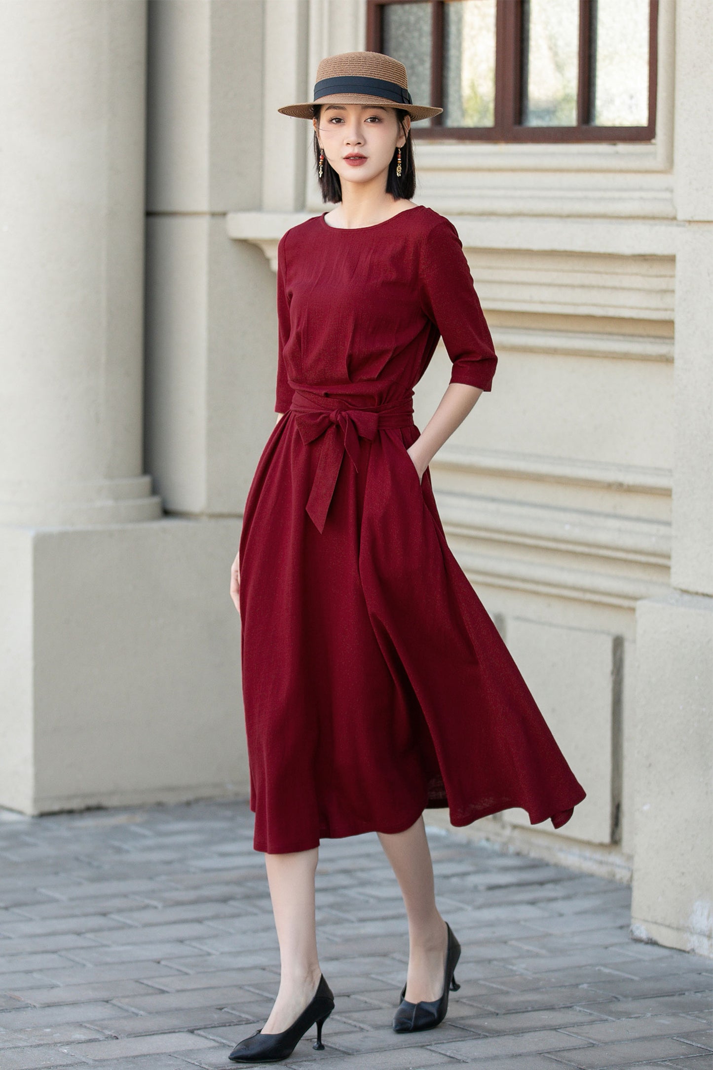 Womens red linen midi summer dress 4894