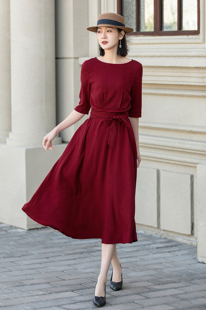 Womens red linen midi summer dress 4894
