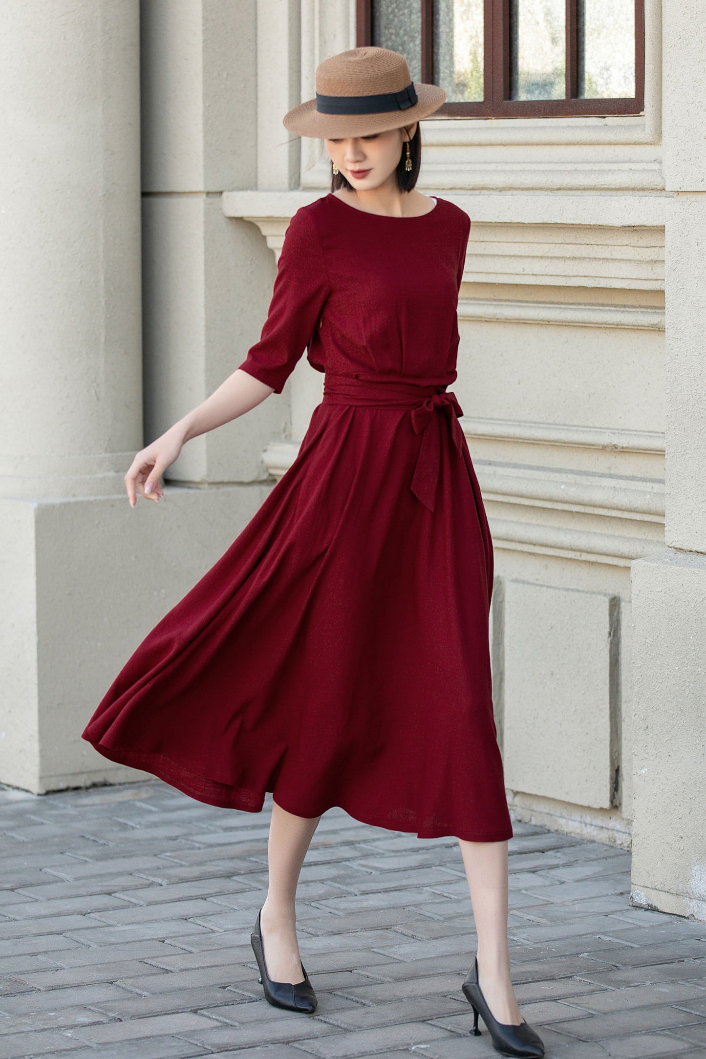 Womens red linen midi summer dress 4894
