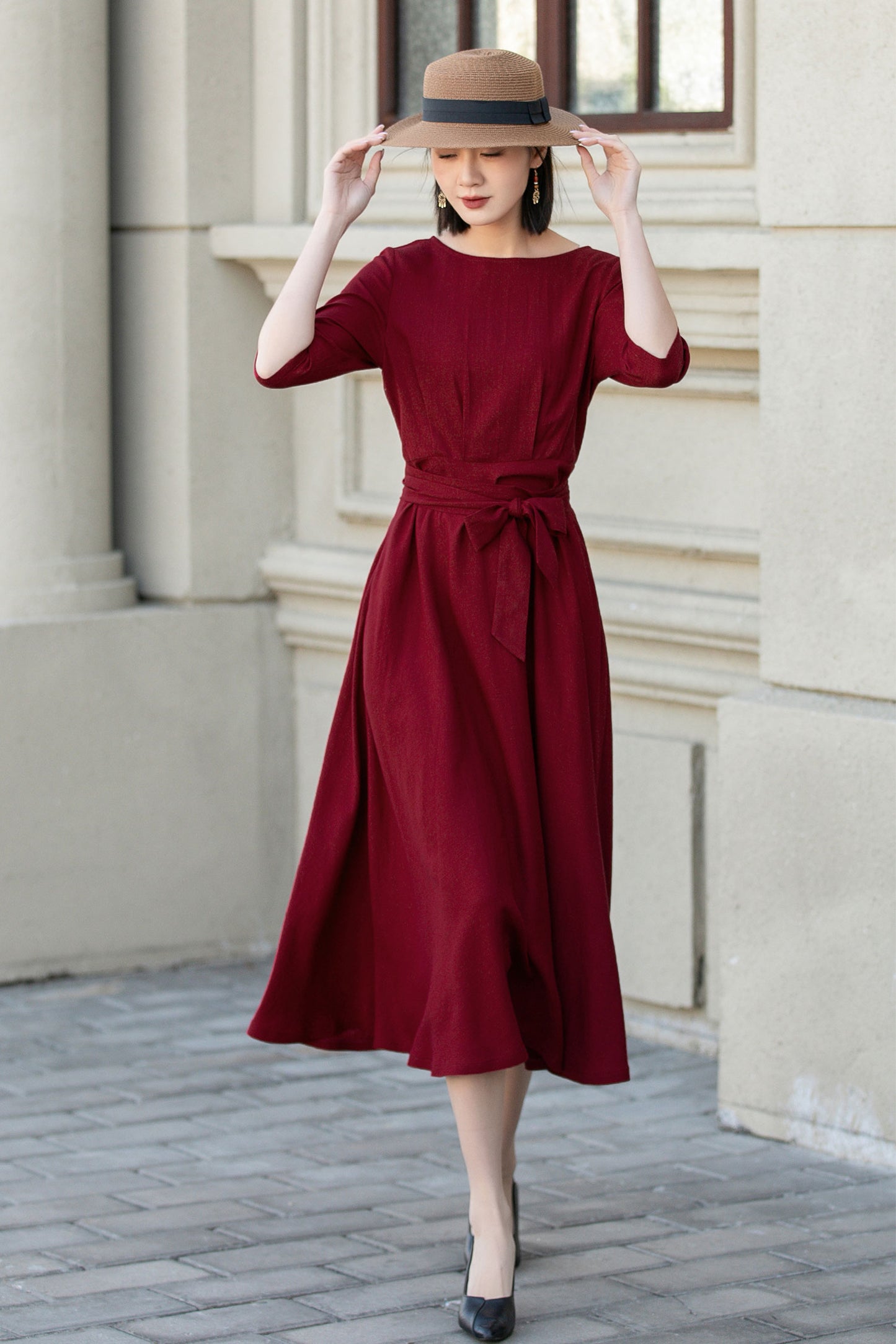 Womens red linen midi summer dress 4894