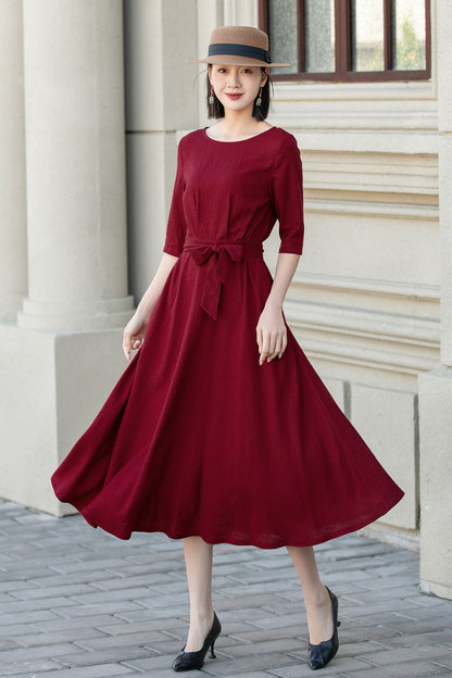 Womens red linen midi summer dress 4894