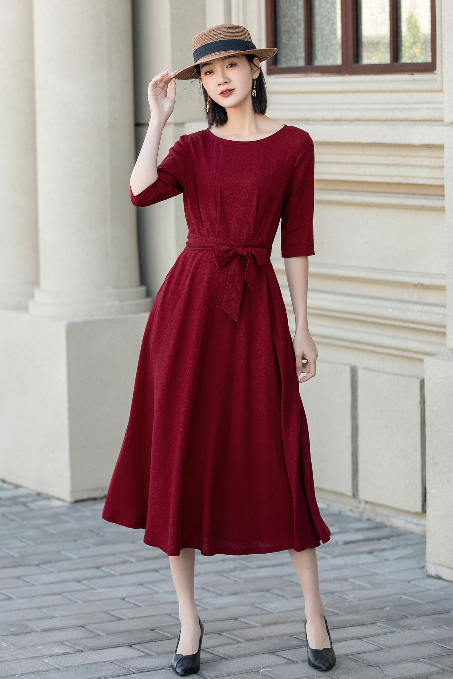 Womens red linen midi summer dress 4894